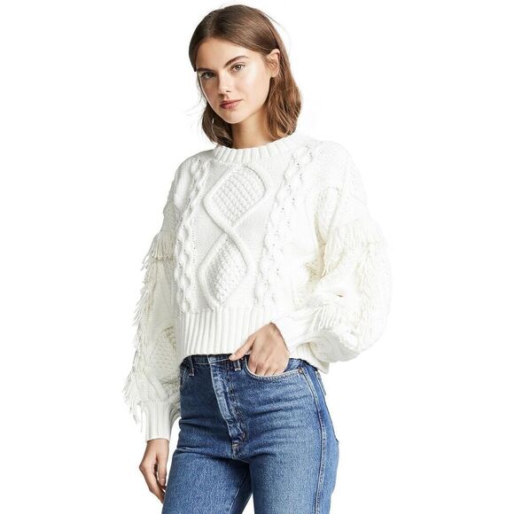 Womens Cyrus Ivory Fringe Cable Knit Gorgeous Winter Chic Sweater - Sz L - Picture 1 of 3